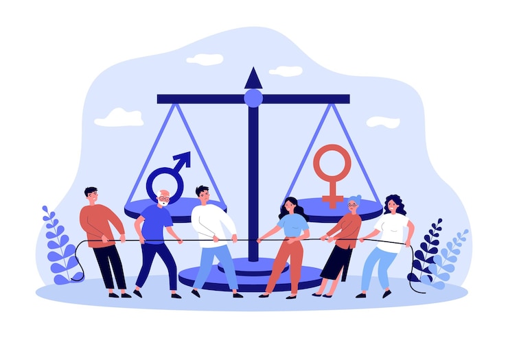 Vector fight for equal rights of male and female characters. team of men and women pulling rope flat vector illustration. gender equality, tug of war concept for banner, website design or landing web page