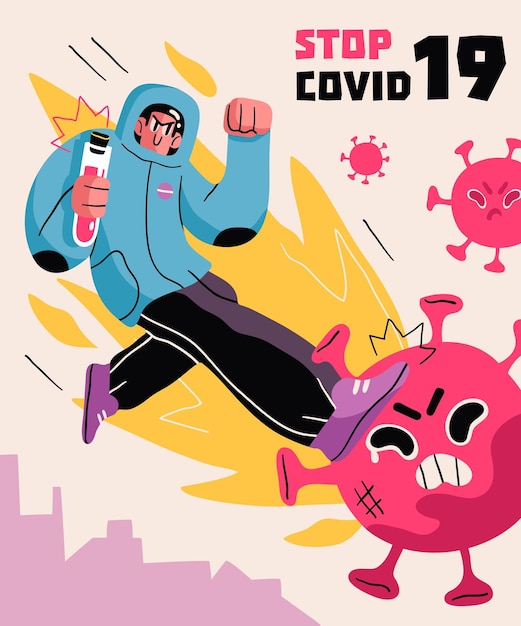 Fight with coronavirus concept illustration of a doctor fighting with covid19 corona virus