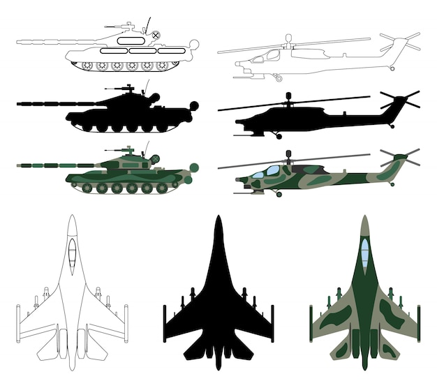 Vector fighter aircraft, tank, helicopter in silhouette isolated cartoon style.