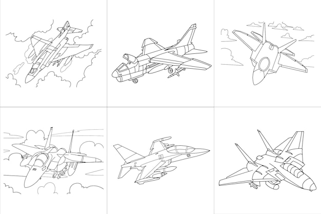 Aereo da caccia disegno di linea arte illustrazione vettoriale per libro da colorare. disegno dell'aeroplano del fumetto.