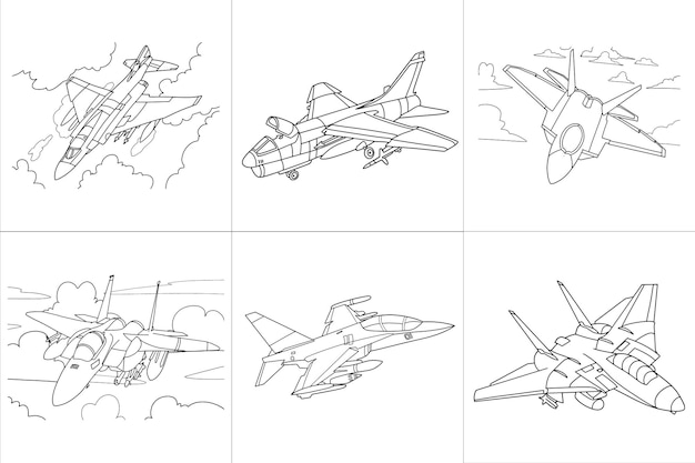 ジェット戦闘機塗り絵用の線画ベクトルイラストを描きます。漫画の飛行機の絵。