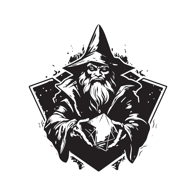 Fighter sorcerer vintage logo concept black and white color hand drawn illustration