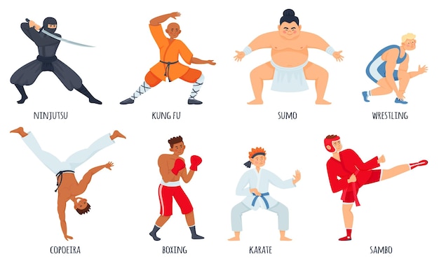 Vector fighters flat set with isolated doodle style characters of martial arts athletes with editable text captions vector illustration