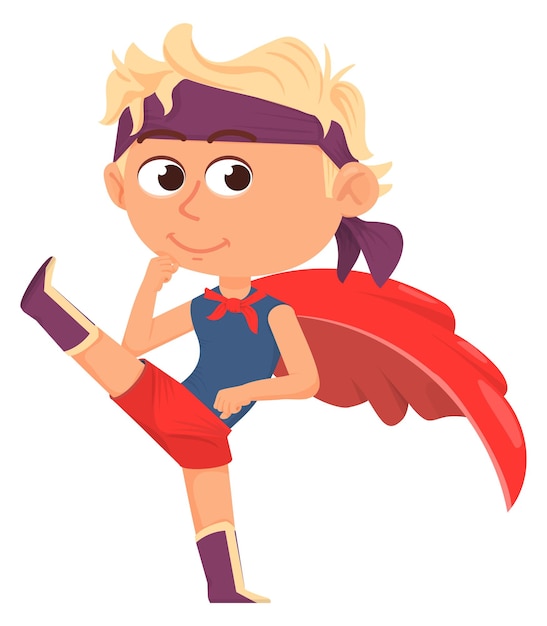 Vector fighting boy in red cape superhero kid power