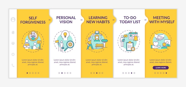 Combattere il ritardo nei compiti abitudine metodi di onboarding modello. perdono di sé. elenco delle cose da fare oggi. sito web mobile reattivo con icone. schermate di passaggio della procedura guidata della pagina web. concetto di colore rgb