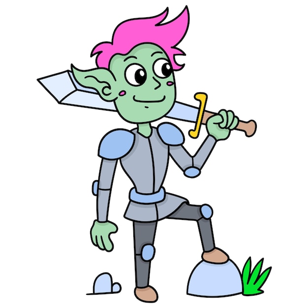 Vector a fighting elf creature carrying a sword and wearing a robe, doodle draw kawaii. vector illustration art
