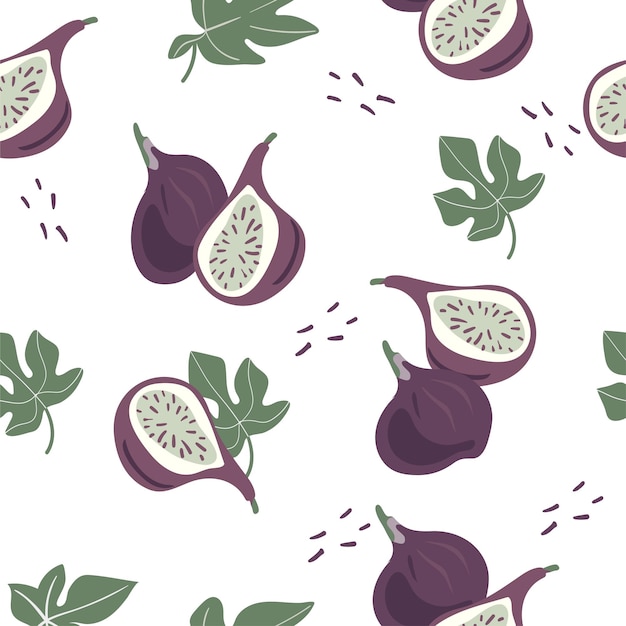 Figs and pieces fig flowers and seeds doodle lettering fig Food background Flat vegetables on wh