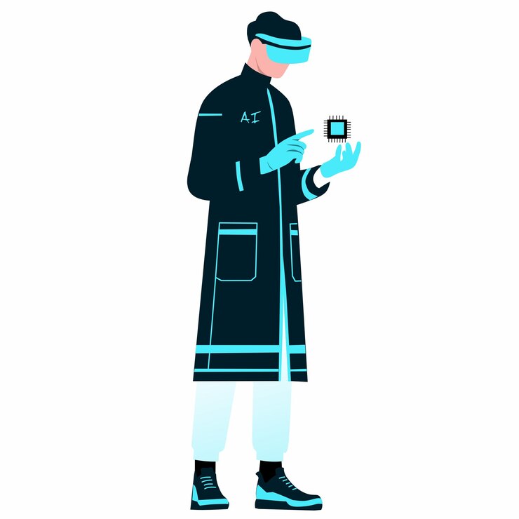 Vector a figure in a lab coat uses a virtual interface to examine a microchip