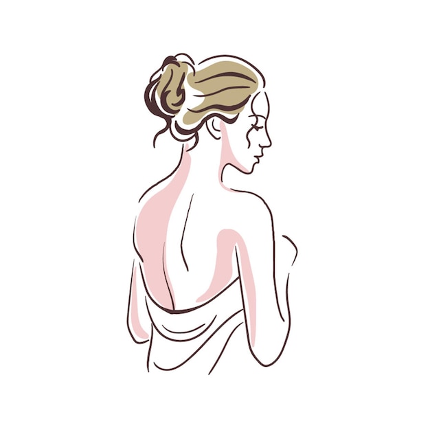 プロファイルラインアートシルエットエンブレムロゴで裸の背中を持つ女性の女の子の図