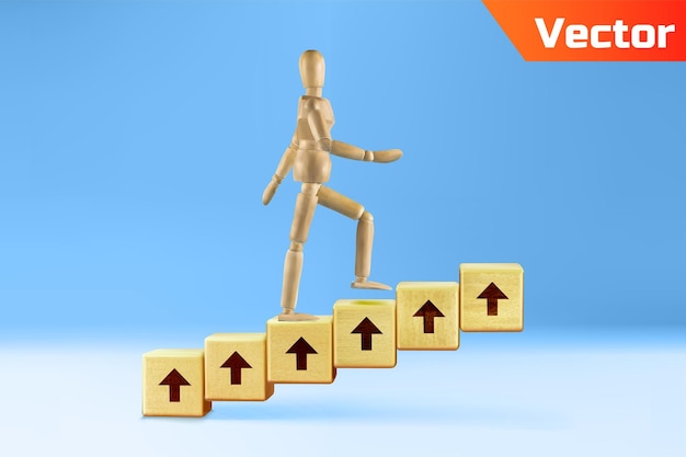 Vector figure of wooden dummy climb up wooden stairs concept of career up business growth up success in life management achievement concept of success