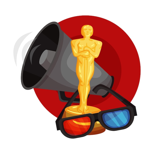 Vector figurine oscar 3d glasses and a shout in a red circle composition from movie attributes vector illustration on a white background