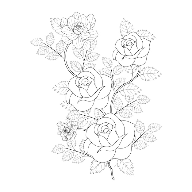 Figuur zwarte lijnen op een witte achtergrond tekening uit de vrije hand van het boeket bloemen kleurplaat met bloemen vector illustratie grafisch ontwerp