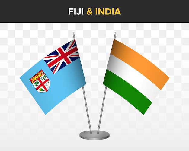 Fiji vs India bureau vlaggen mockup geïsoleerde 3D-vector illustratie tafelvlaggen
