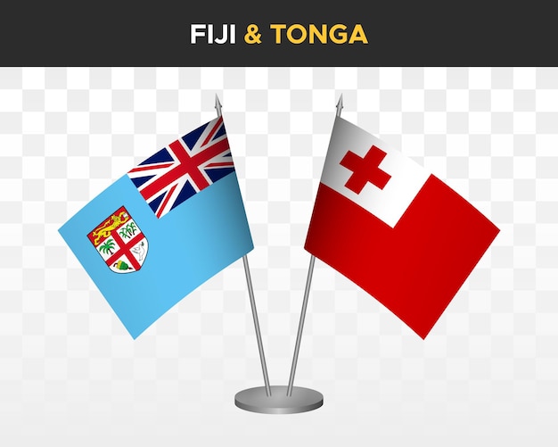 Fiji vs tonga bureauvlaggen mockup geïsoleerde 3d vector illustratie tafelvlaggen