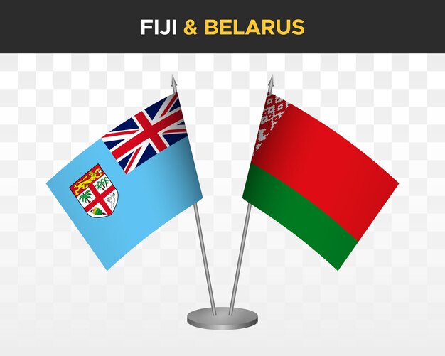 Fiji vs wit-rusland bureau vlaggen mockup geïsoleerde 3d vector illustratie tafelvlaggen