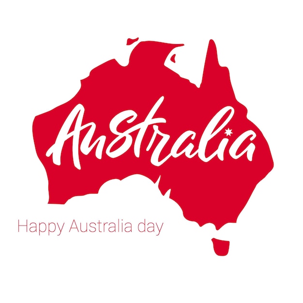 Fijne dag in Australië. Australië belettering op achtergrond van rode kaart. Vector illustratie. Handgeschreven letters op de achtergrond van de kaart van Australië