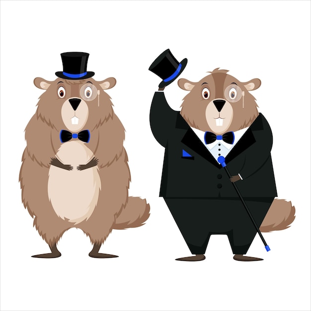 Fijne Groundhog-dag. Set van twee elegante groundhogs geïsoleerd op een witte achtergrond. Vector illustratie.