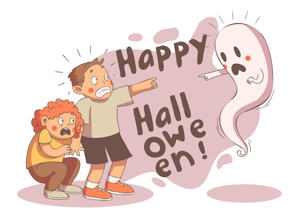 Fijne halloween. de kinderen ontmoetten de geest. vector afbeelding voor halloween.