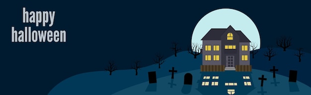 Fijne Halloween. Feestelijke banner met een eenzaam huis op een achtergrond van de volle maan 's nachts. Vector illustratie.