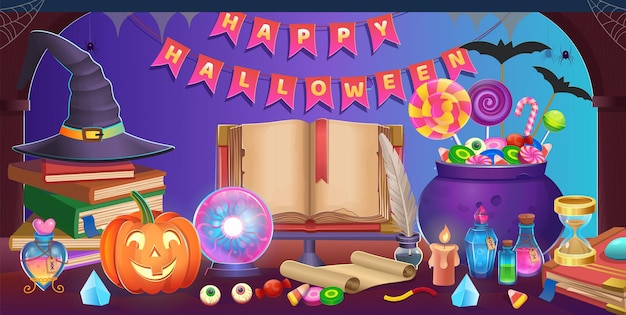 Fijne Halloween. Interieur van halloween-kamer met deur, ketel, pompoenen, snoep, hoed, magische bal, open boek, zandloper, penpunt, stapel boeken, Achtergrond voor games en mobiele applicaties.