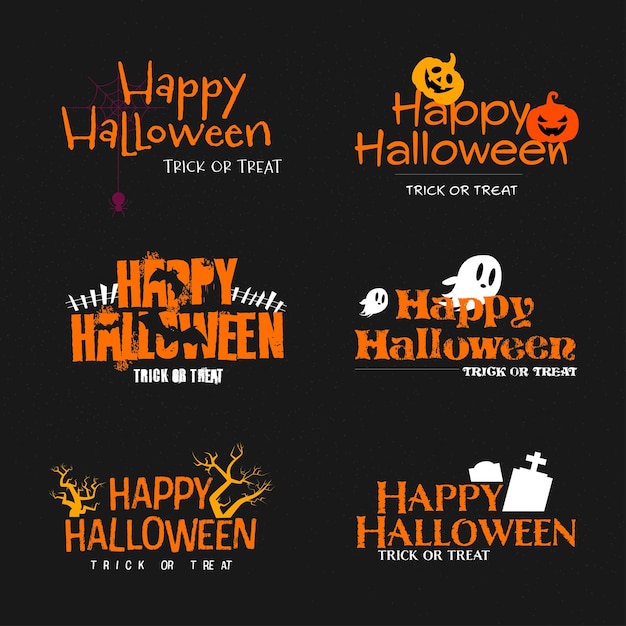 Fijne Halloween. Typografie instellen. Vectorembleem, emblemen, tekstontwerp. Bruikbaar voor banners, wenskaarten