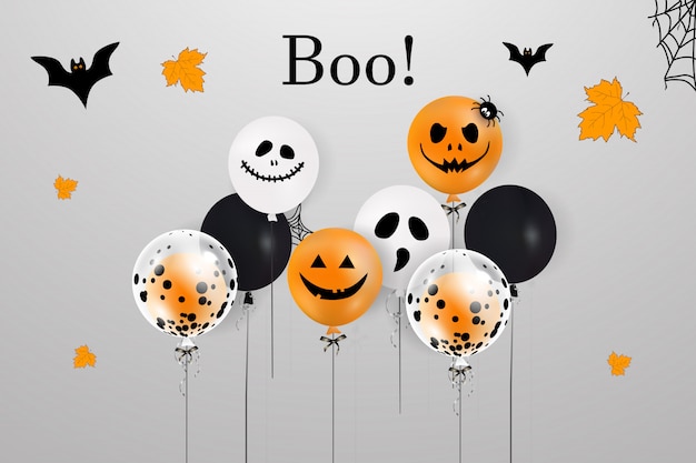 Fijne Halloween. Vakantie concept met halloween ballonnen, vallende bladeren, halloween spin, halloween vleermuis voor banner, poster, wenskaart, uitnodiging voor feest. vectorillustratie.