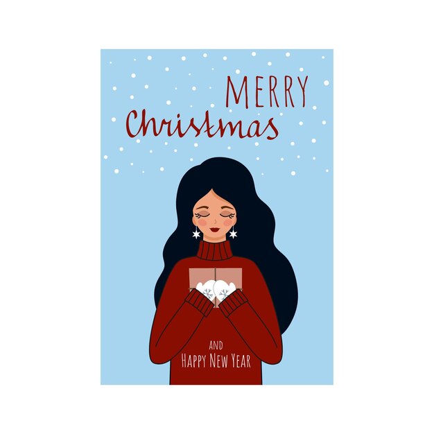 Fijne kerst en nieuwjaar. Een mooi meisje is blij met een brief en een cadeau. Vector wenskaart met novys 2021. Platte cartoon afbeelding op een winter thema. hand belettering kalligrafie.