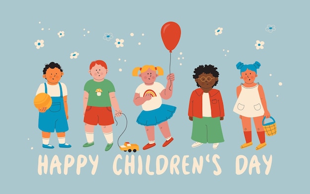 Vector fijne kinderdag jongens en meisjes met speelgoed in hun handen ontwerp voor een wenskaart vector