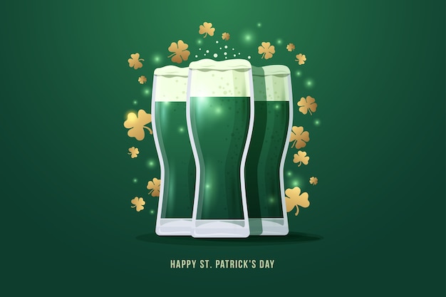 Vector fijne st patrick's day. afbeelding van drie glazen bier met gouden klaverblaadjes op groene achtergrond. illustratie.