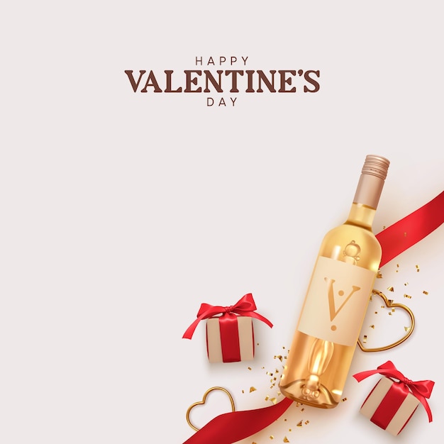 Fijne Valentijnsdag. Ontwerp met realistische twee flessen alcoholwijn witte variëteiten, geschenkdoos met rood lint en strik, gouden 3D-harten en glitterconfetti. Romantische achtergrond. Vectorobjecten