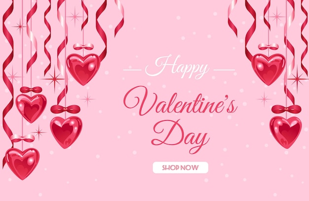 Fijne valentijnsdag Stralende harten roze en rode linten en strikken sterren houden van je Heldere horizontale vectorbanner in een realistische stijl Voor reclamebanner website poster verkoop flyer