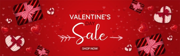 Fijne Valentijnsdag verkooppromotie roze hartjes en cadeau