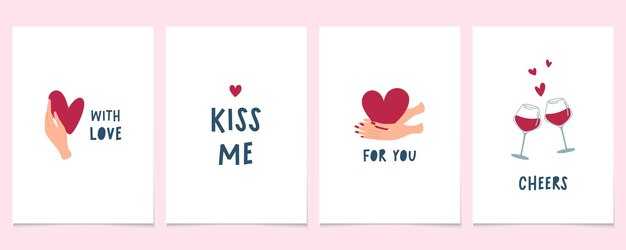 Fijne Valentijnskaarten. Minimalistische prints met hartjes en quotes. Vectorillustraties