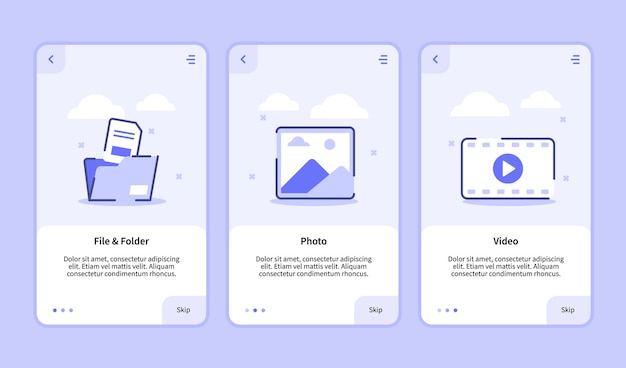 ベクトル モバイルアプリテンプレートバナーページuiのファイルとフォルダーの写真ビデオオンボーディング画面