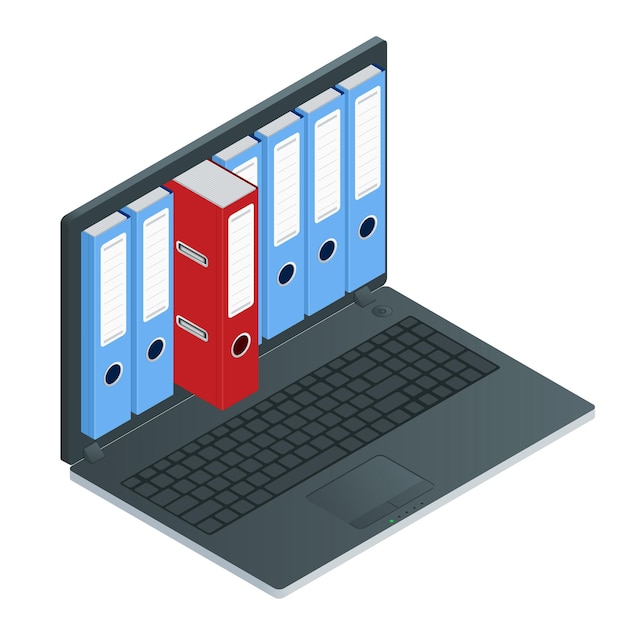 File cabinets inside the screen of laptop computer. Data storage 3d isometric vector illustration.