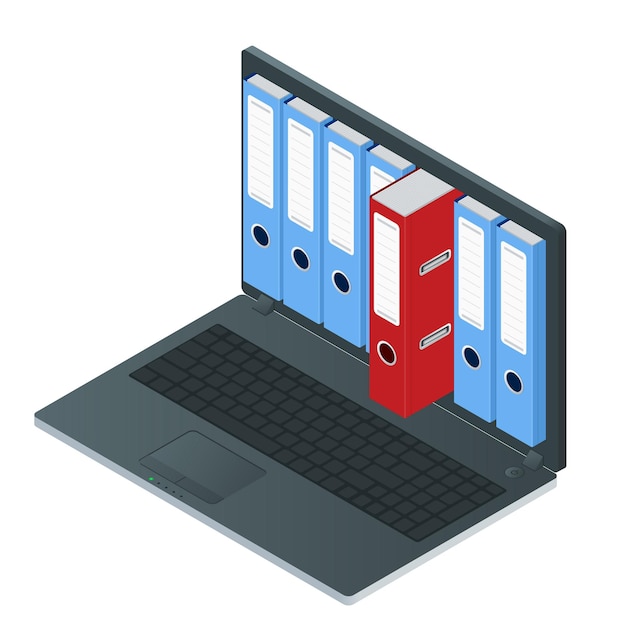 Vector file cabinets inside the screen of laptop computer. data storage 3d isometric vector illustration.