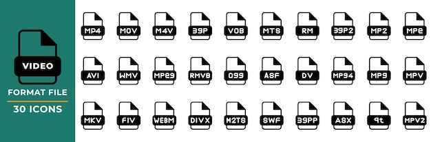 Вектор Формат файла иконы видео установлены в стиле glyph коллекция символов расширения файла