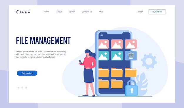 File management administration data filing concept flat illustration vector landing page