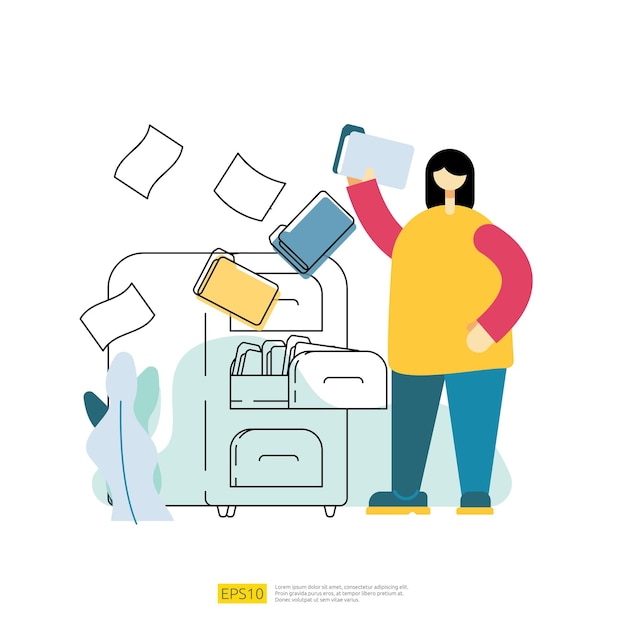 Vector file management archive and organize vector illustration with people cartoon character. work with document and file concept in flat style