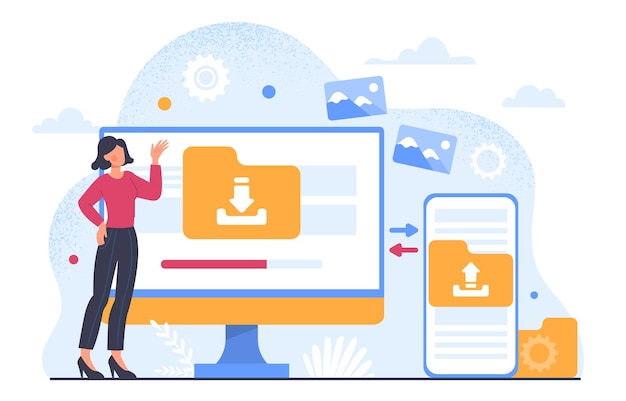 Vettore concetto di gestione dei file donna vicino al monitor del computer con cartelle sincronizzazione tra dispositivi e gadget archivi e servizio cloud di archiviazione elettronica illustrazione vettoriale piatta a cartone animato