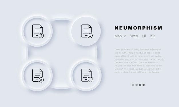 File management set icon Document digital upload download arrows up and down cross reject delete remove shield protected limited access Business concept Neomorphism Vector line icon
