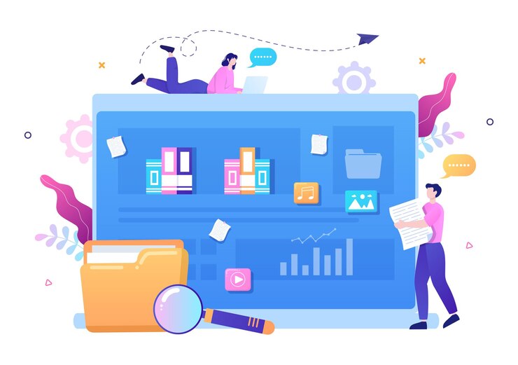 Vector file management system and information vector illustration with people holding folder, archive or online service for documents storage and organization