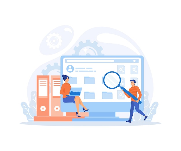 File manager e concetto di archiviazione dei dati dipendenti che cercano e indicizzano documenti di file illustrazione vettoriale piatta moderna