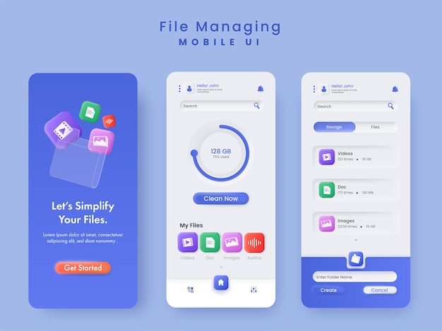 Vector file managing mobile ui splash screens template layout in blue and white color.