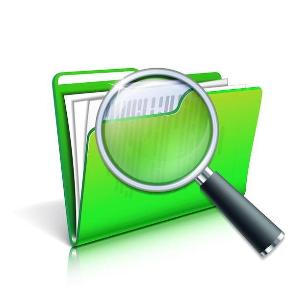 File search icon Open green folder with documents and magnifying glass