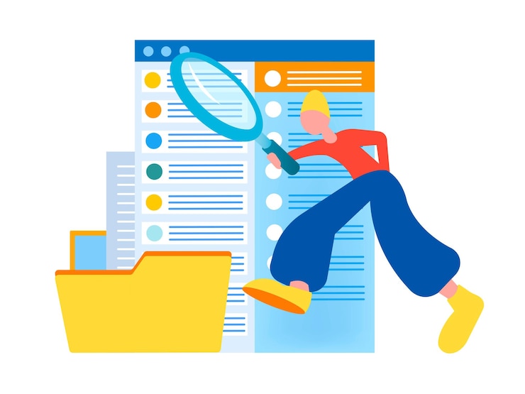Vector file searching concept vector illustration tiny person using magnifying glass and searching files