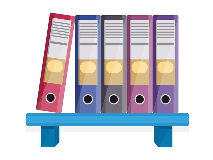 Vector file shelf. office interior. bookshelf for the library, shelf for file education illustration