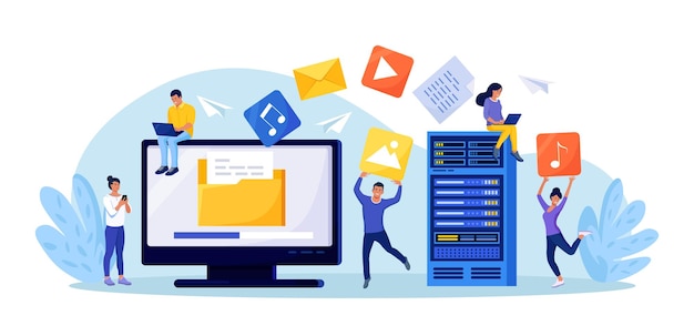 File Transfer Computer screen with folders transferred documents to server Copy files data exchange backup Saving document in storage Digital data migration between devices People sharing files