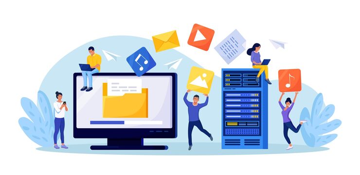 Vector file transfer computer screen with folders transferred documents to server copy files data exchange backup saving document in storage digital data migration between devices people sharing files