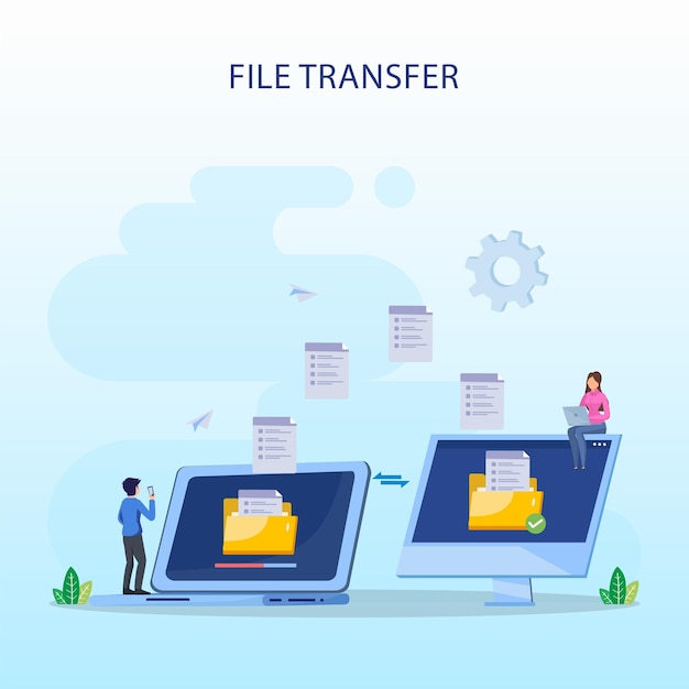 Concetto di trasferimento file backup dati tecnologia cloud caricare e scaricare modello vettoriale piatto